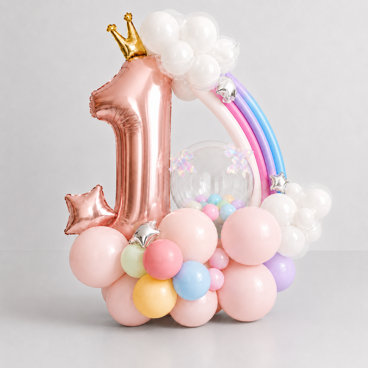Ballonkomposition „Pastel Rainbow“ zum 1. Geburtstag